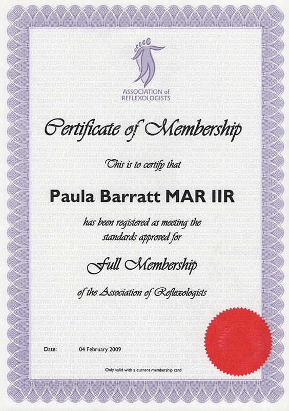 Certificate of Membership of Association of Reflexologists