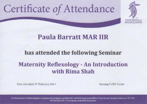 Maternity Reflexology Certificate February 2011