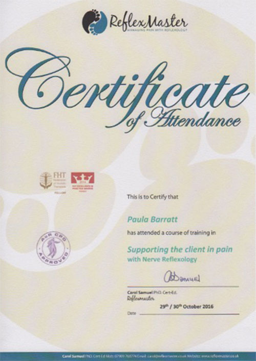 Nerve Reflexology Certificate October 2016