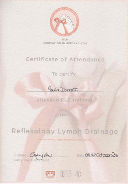Reflexology Lymph Drainage Certificate October 2016