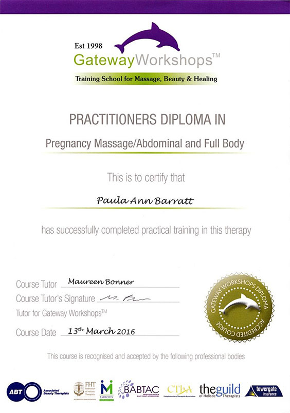 Practitioner diploma in Pregnancy Massage/abdominal and Full Body March 2016